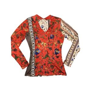Pashma Women's Long Sleeve Silk Wool Cashmere Blend Orange Floral Block Top Sz L